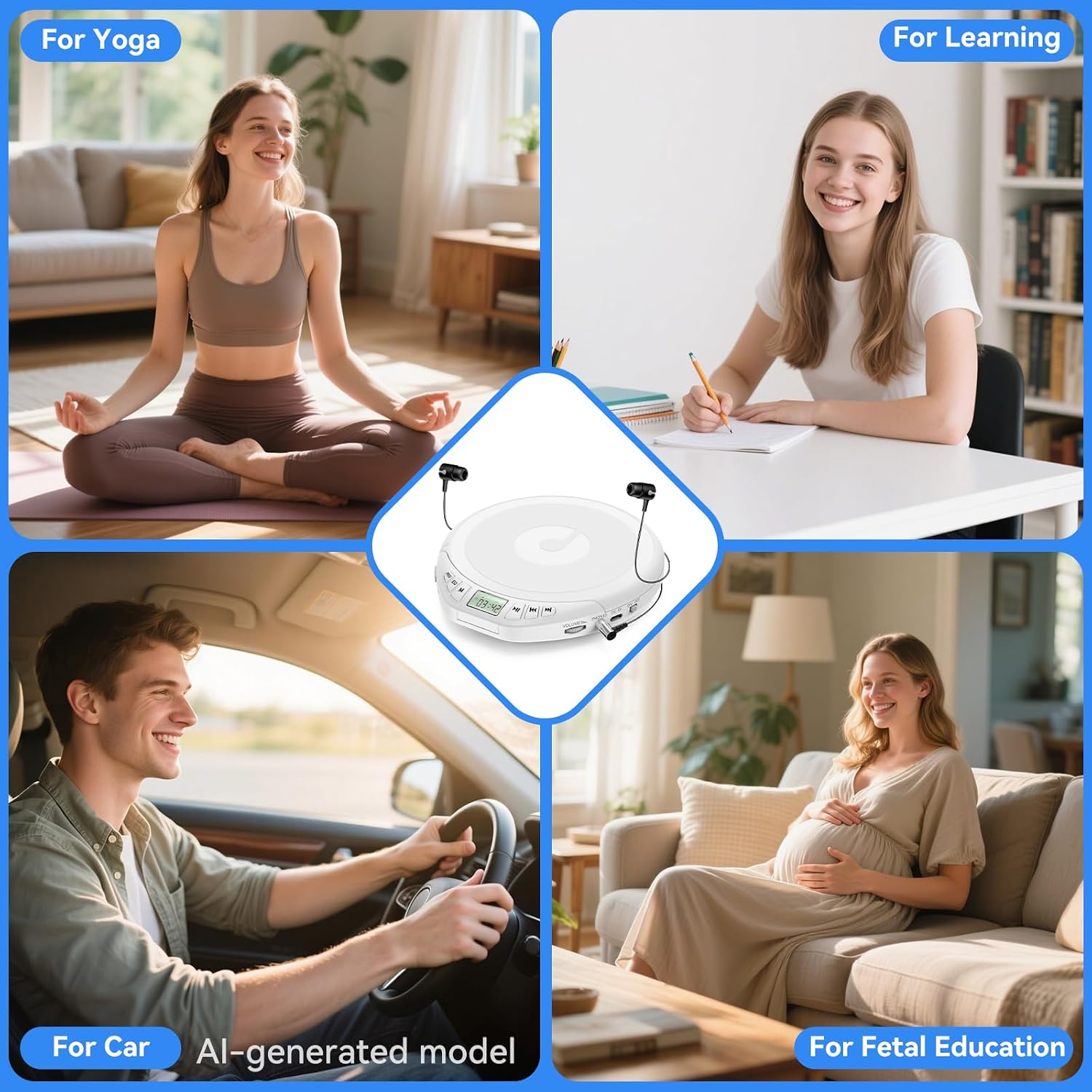 Collage zeigt einen weißen CD-Player im Zentrum und vier Personen, die ihn bei Yoga, Lernen, Autofahren und in der Schwangerschaft nutzen.