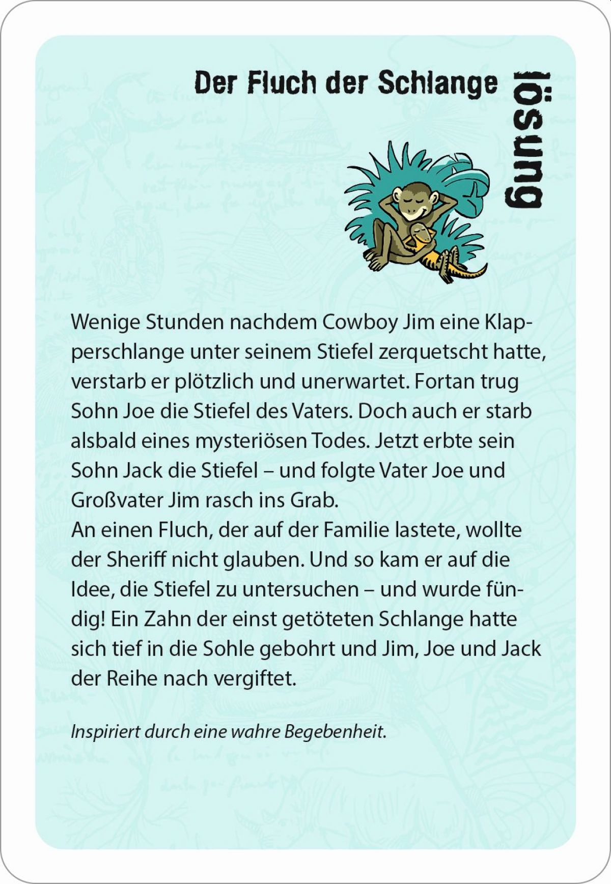Eine Rätselkarte auf Deutsch mit dem Titel Der Fluch der Schlange und einer Affen- und Schlangen-Illustration.