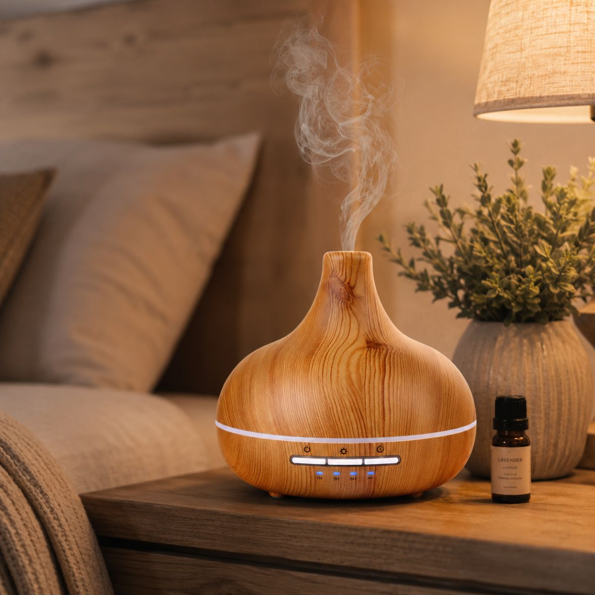 Ein hölzerner Aroma-Diffusor mit aufsteigendem Dampf steht auf einem Nachttisch, daneben eine kleine Ölflasche und eine Pflanze.