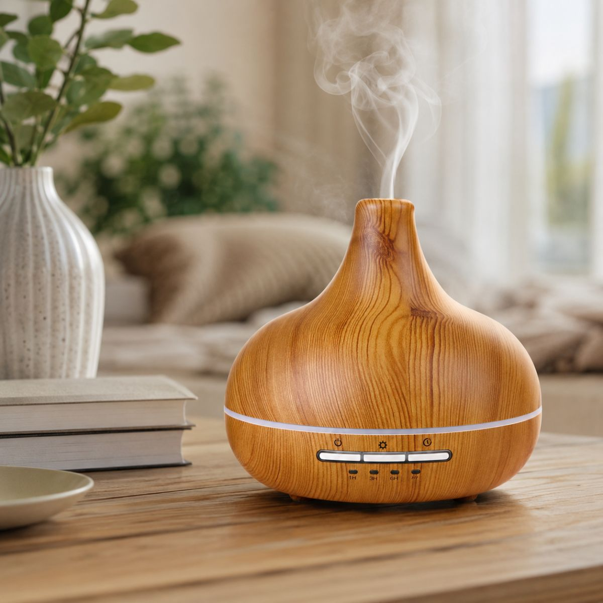 Ein hölzerner Aroma-Diffusor steht auf einem Tisch und stößt Dampf aus, im Hintergrund ein gemütliches Zimmer.