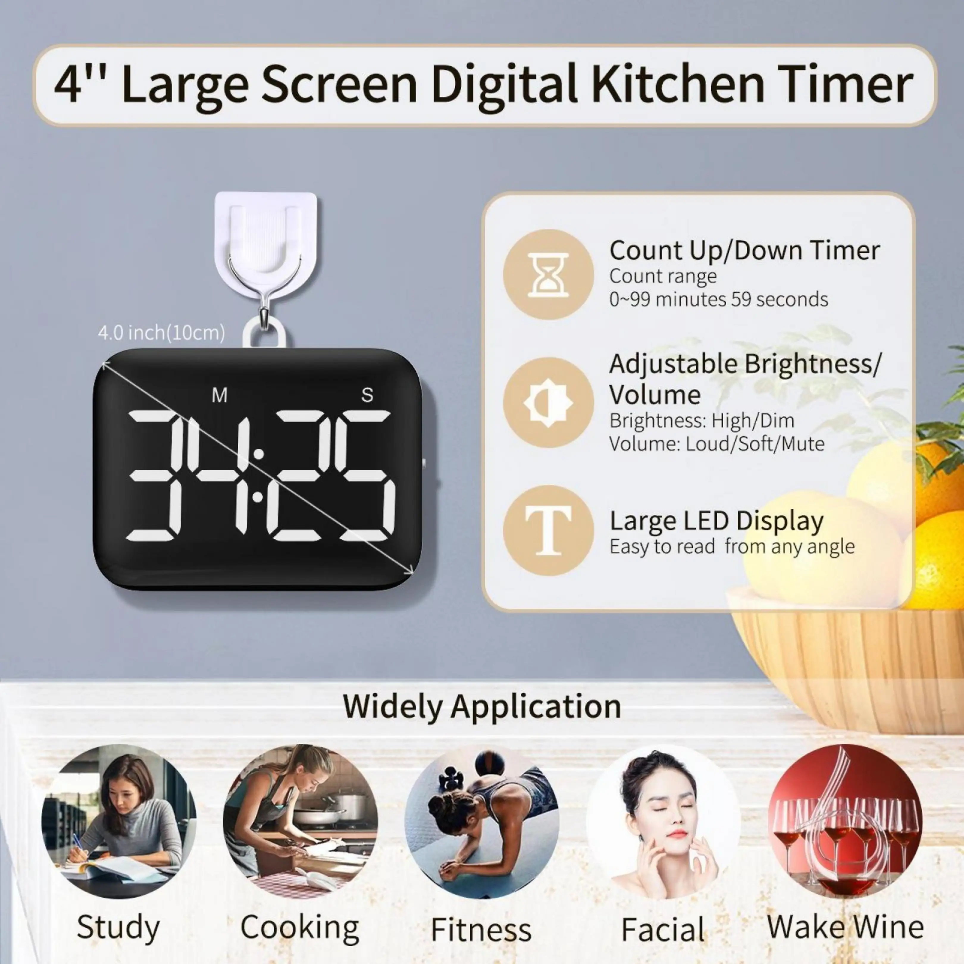 Ein digitaler Küchentimer mit großem LED-Display zeigt Funktionen, Anwendungen wie Kochen und Fitness sowie Maße.