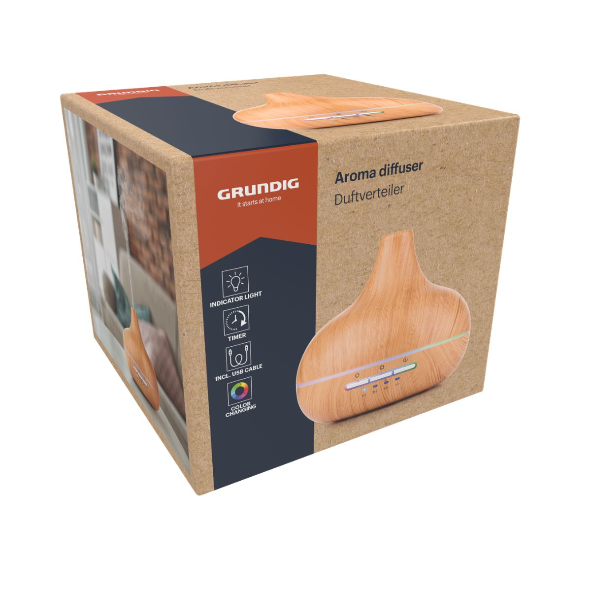 Verpackung eines Grundig Aroma Diffusers mit Holzoptik und Produktdetails auf der Vorderseite.