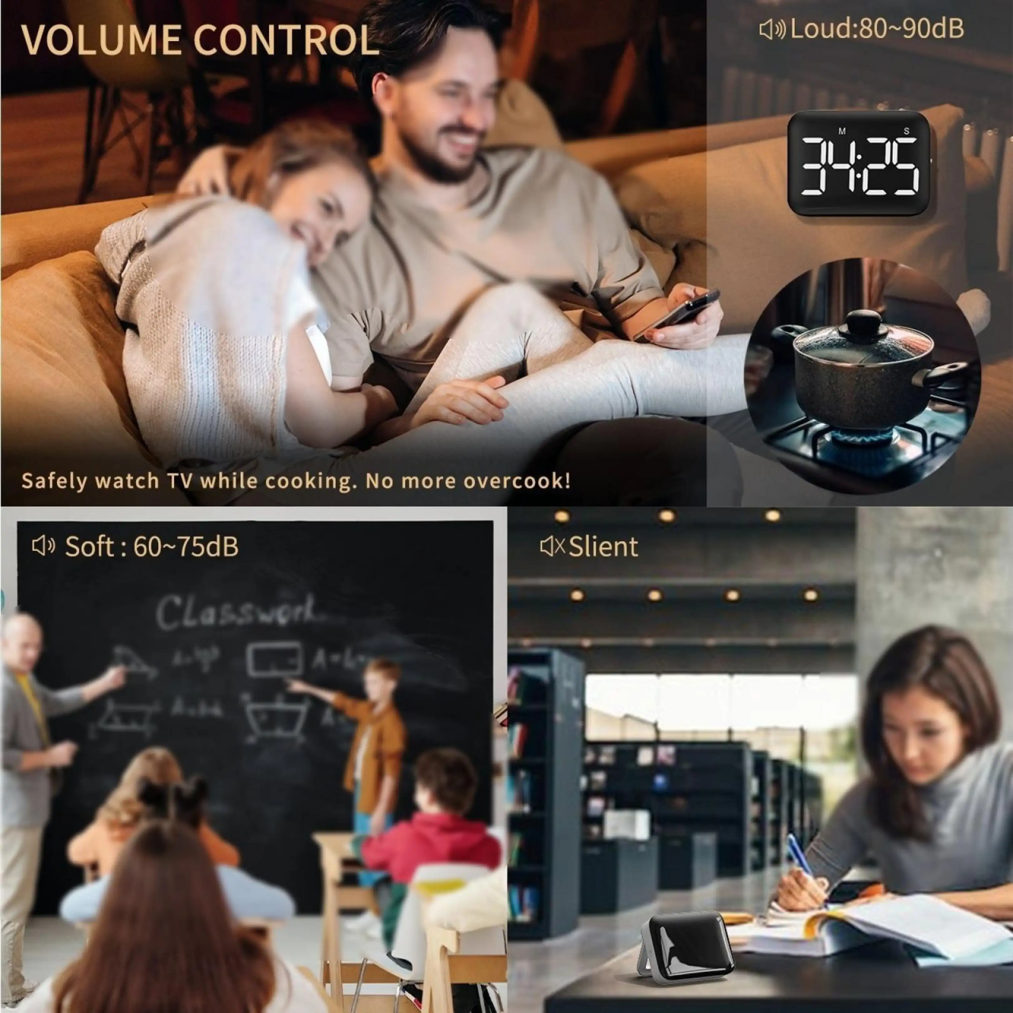 Eine Collage mit Lautstärkeregelungsstufen für einen Timer, verwendet beim Fernsehen, Kochen, Lernen und in einer ruhigen Bibliothek.
