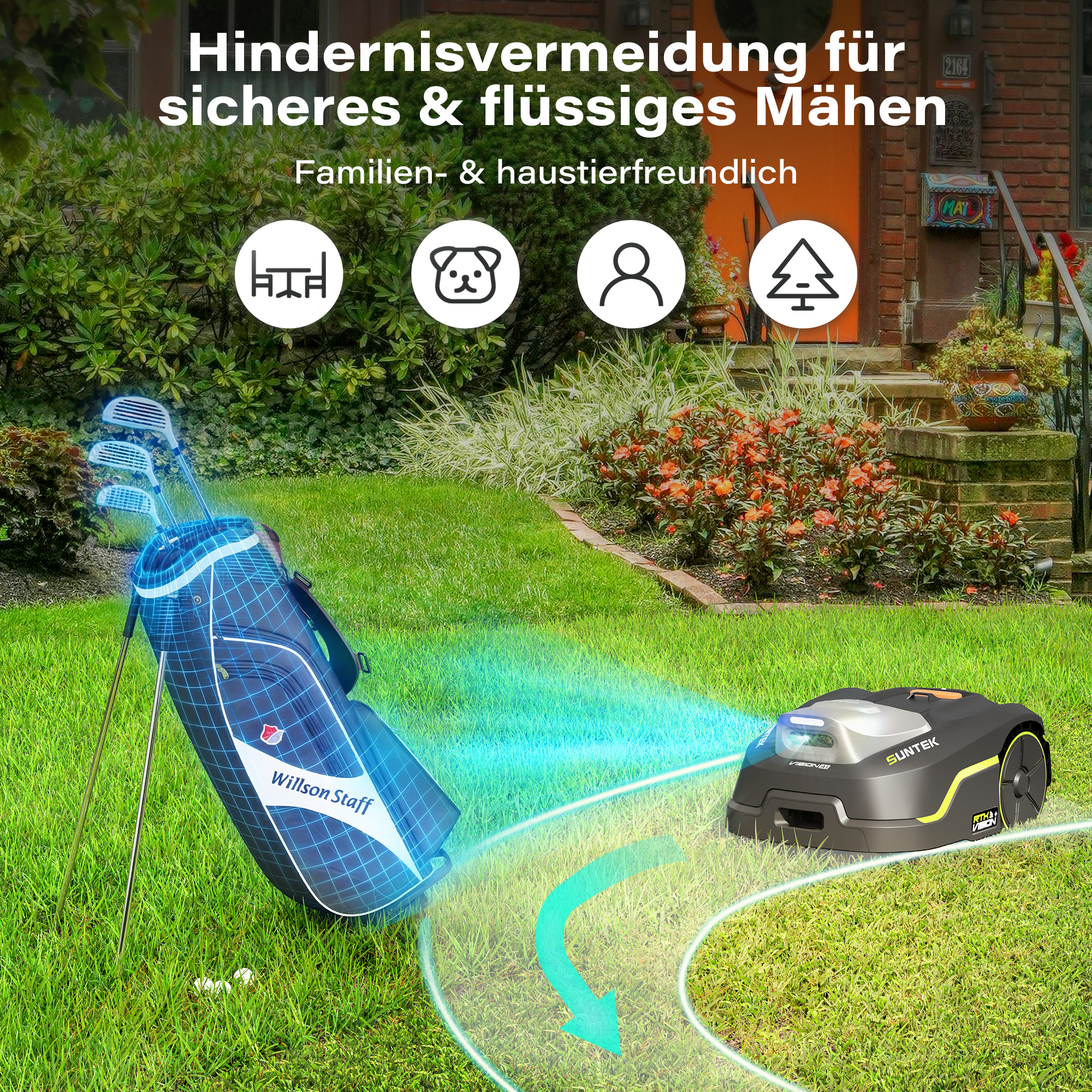 Ein Mähroboter weicht einem Golfbag auf einer Wiese aus, mit deutschem Text oben.