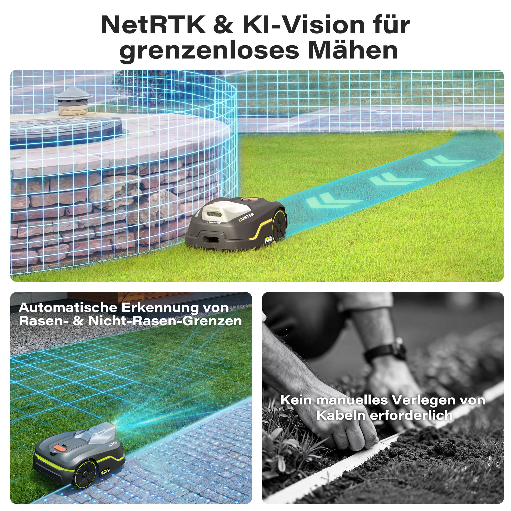 Ein Mähroboter mit NetRTK und KI-Vision schneidet Rasen ohne Begrenzungskabel und erkennt Grenzen automatisch.