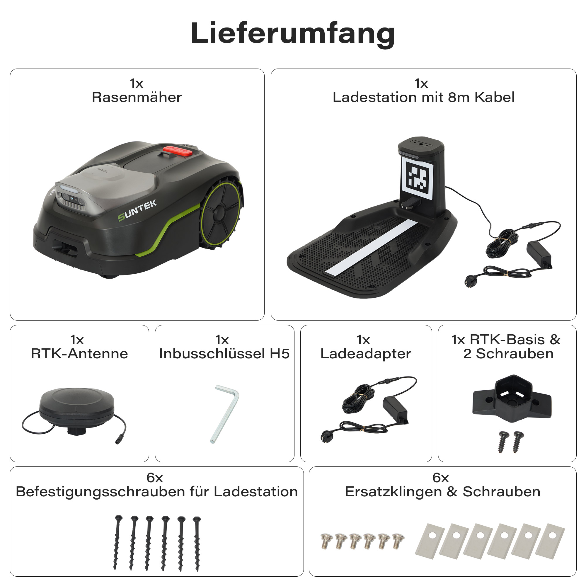 Lieferumfang: Rasenmäher, Ladestation, Antenne, Inbusschlüssel, Adapter, RTK-Basis, Schrauben und Ersatzklingen.
