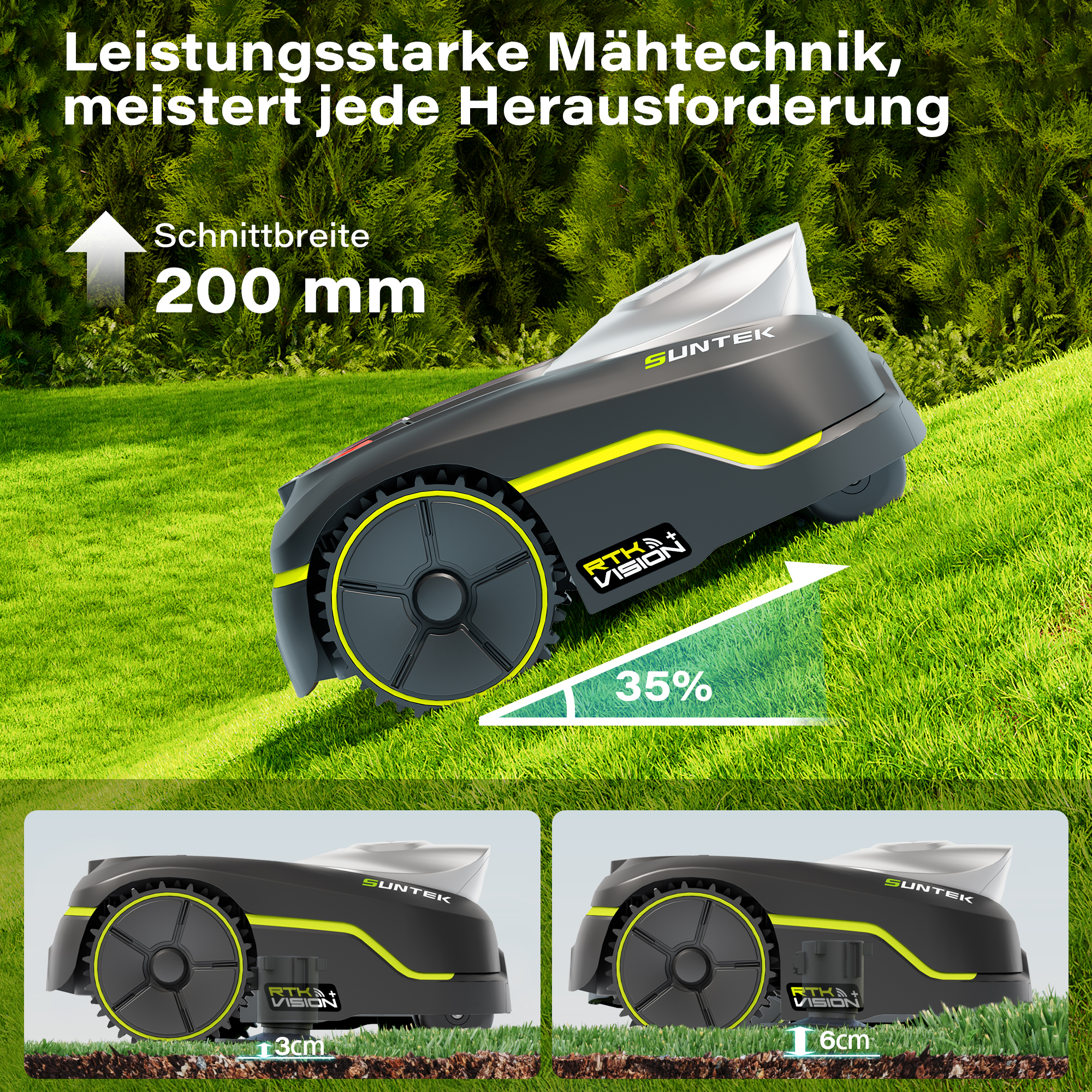Suntek Mähroboter auf grünem Hang mit technischer Info