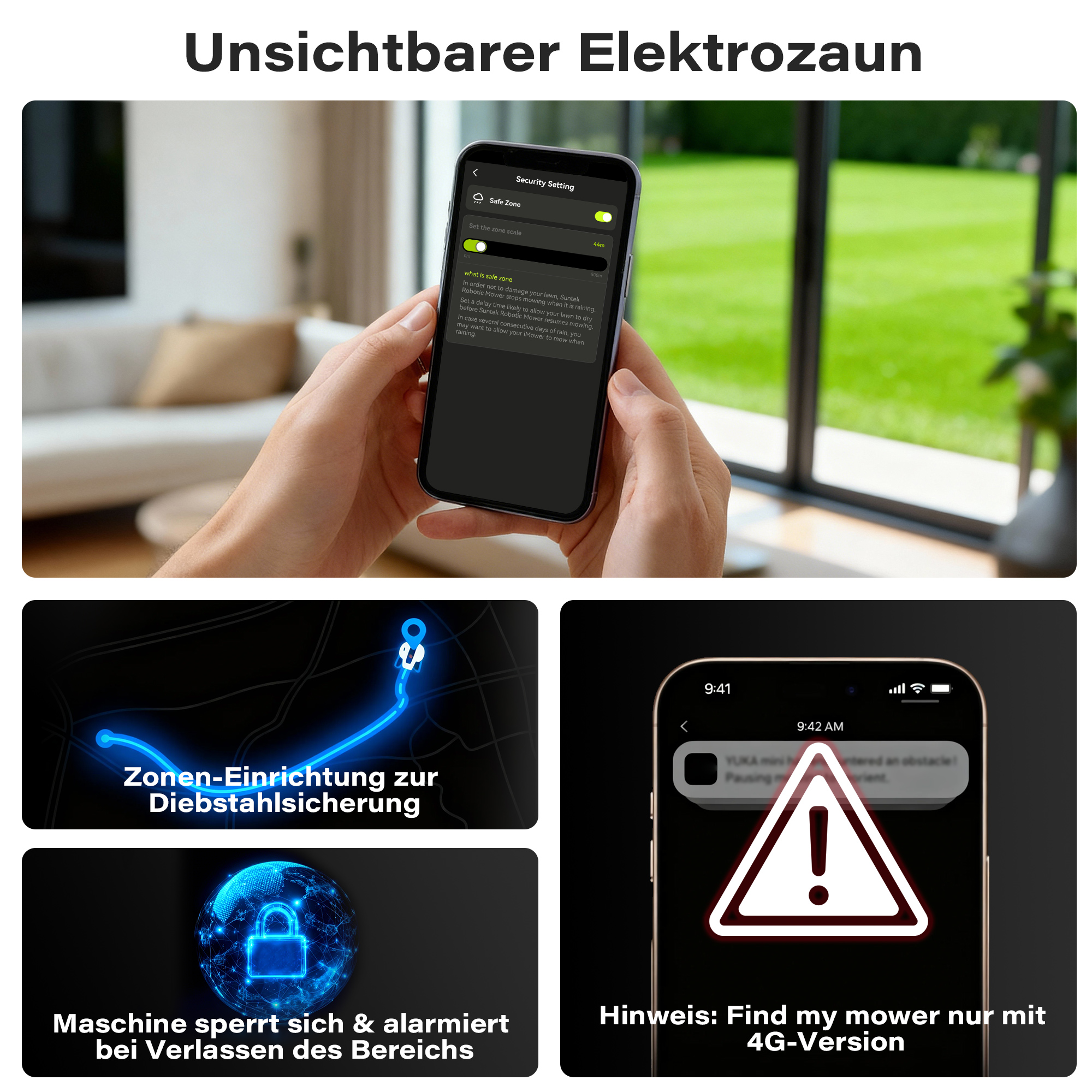 Smartphone mit App zur Zonen-Einrichtung und Diebstahlsicherung für Mähroboter.