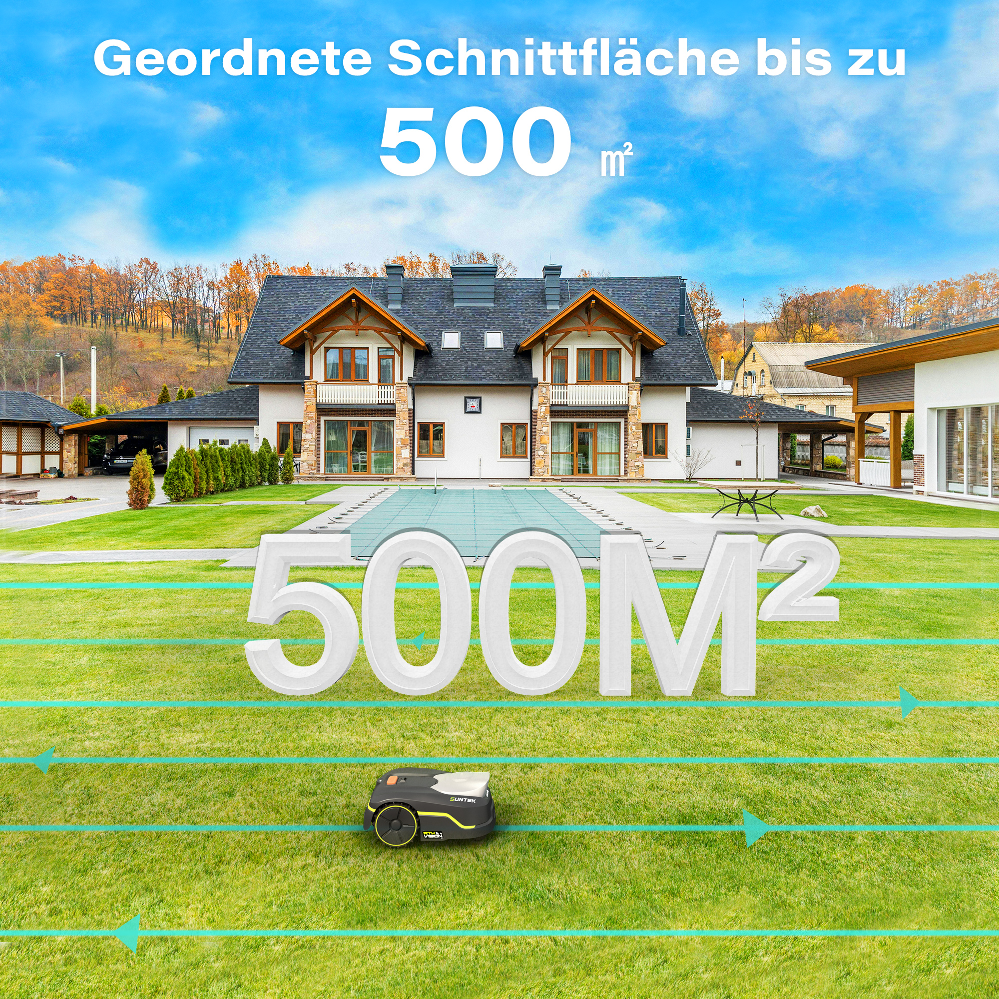 Ein Mähroboter auf grünem Rasen vor einem Haus mit Swimmingpool, darüber der Text 500 m².