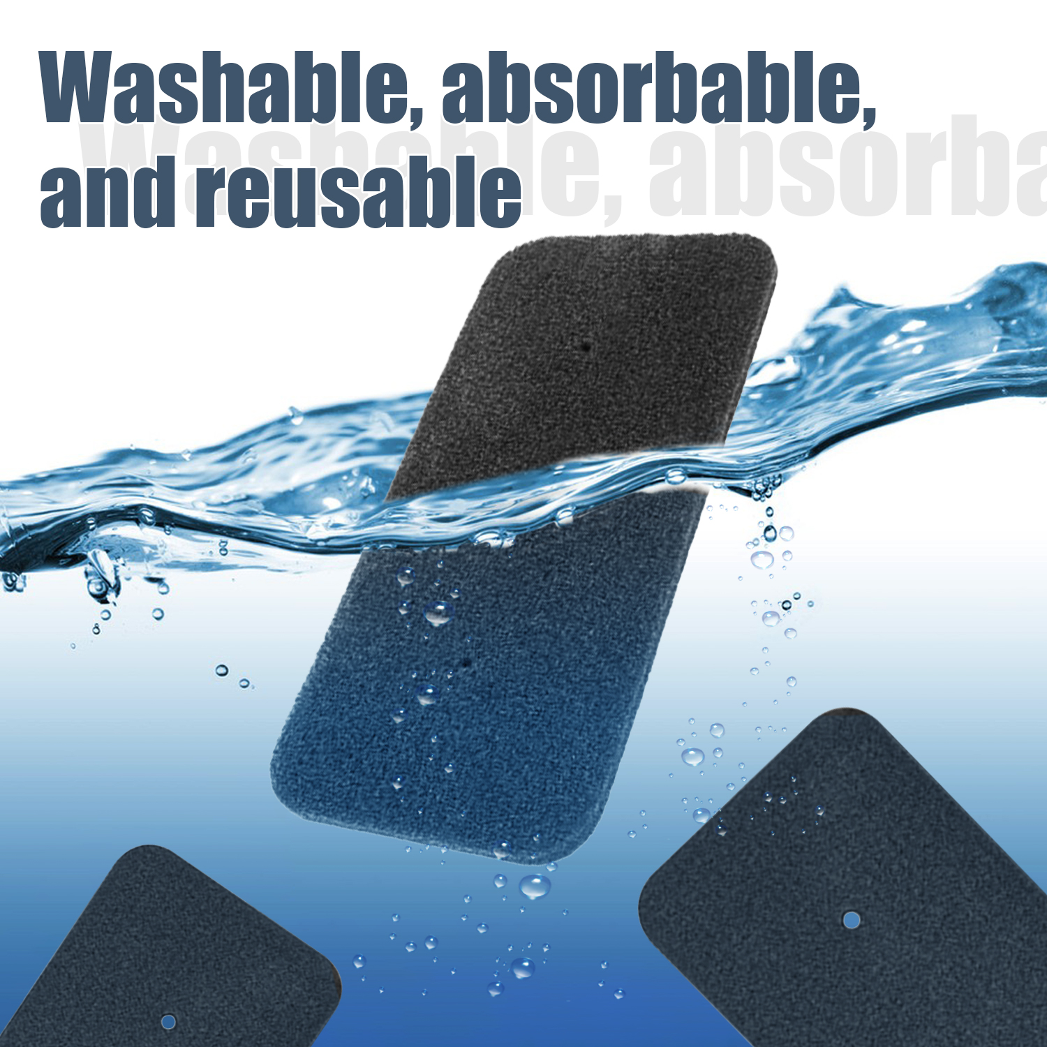Dunkle rechteckige Pads in klarem blauen Wasser mit Blasen, begleitet vom Text Waschrohr, absorbierbar und wiederverwendbar.