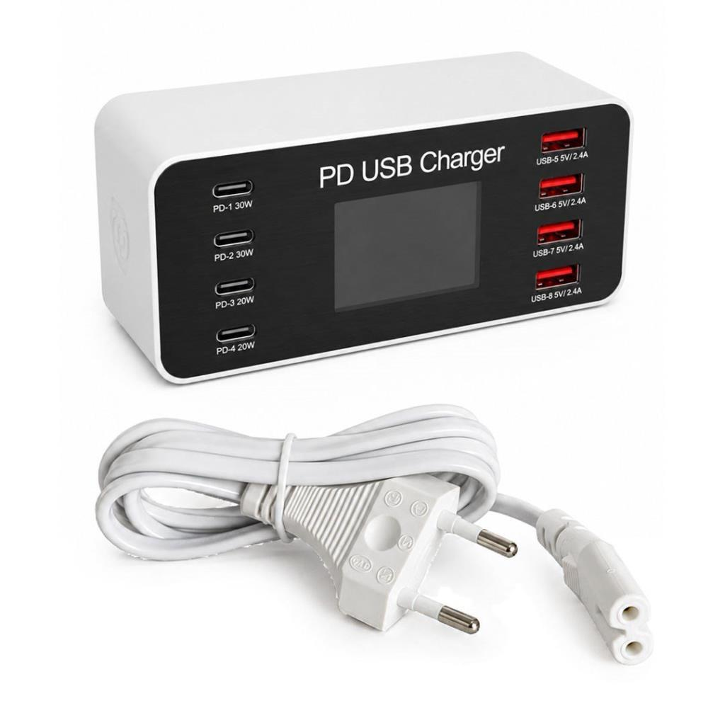 Birden fazla USB-C ve USB-A bağlantı noktasına, merkezi bir ekrana ve güç kablosuna sahip beyaz PD USB şarj cihazı.