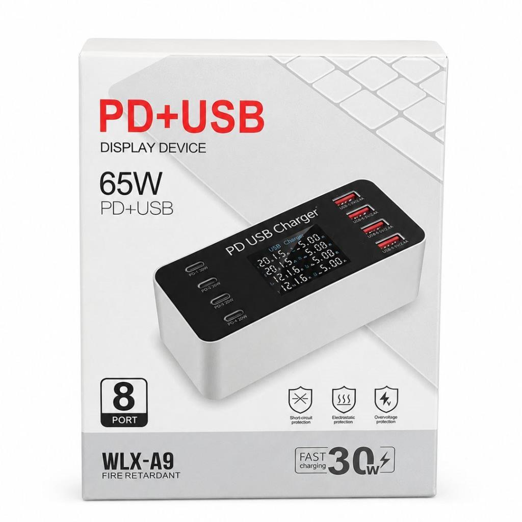 8 bağlantı noktasına sahip 65W PD+USB ekranlı şarj cihazı için beyaz ürün kutusu ve simgeler.