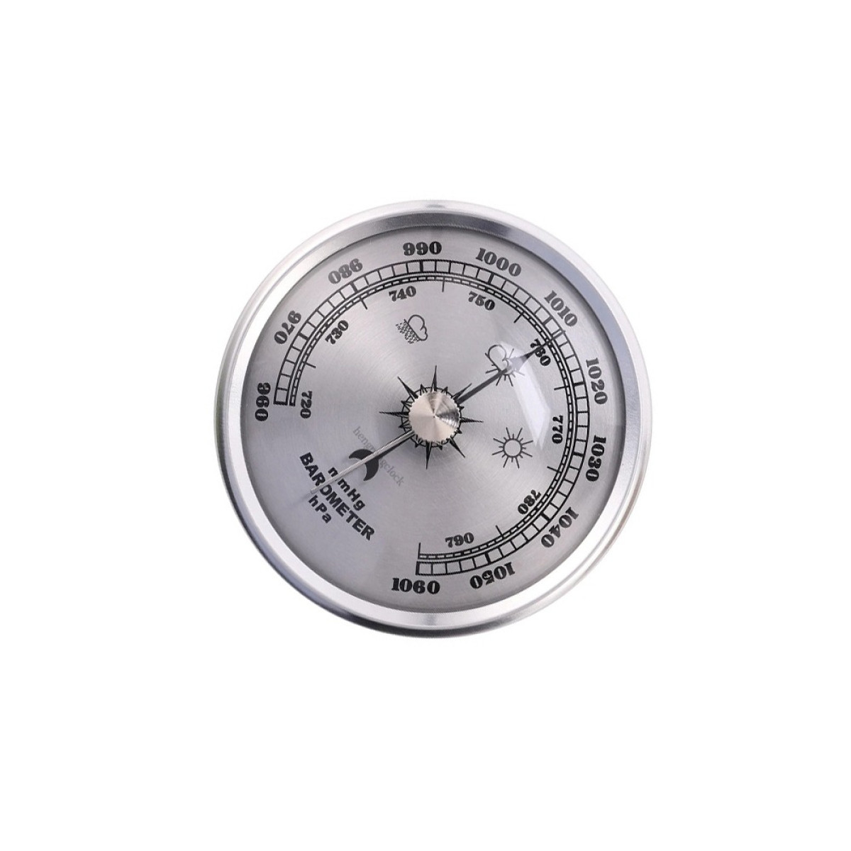 Silbernes Barometer mit runder Skala, Zahlen und Wettersymbolen auf weißem Hintergrund.