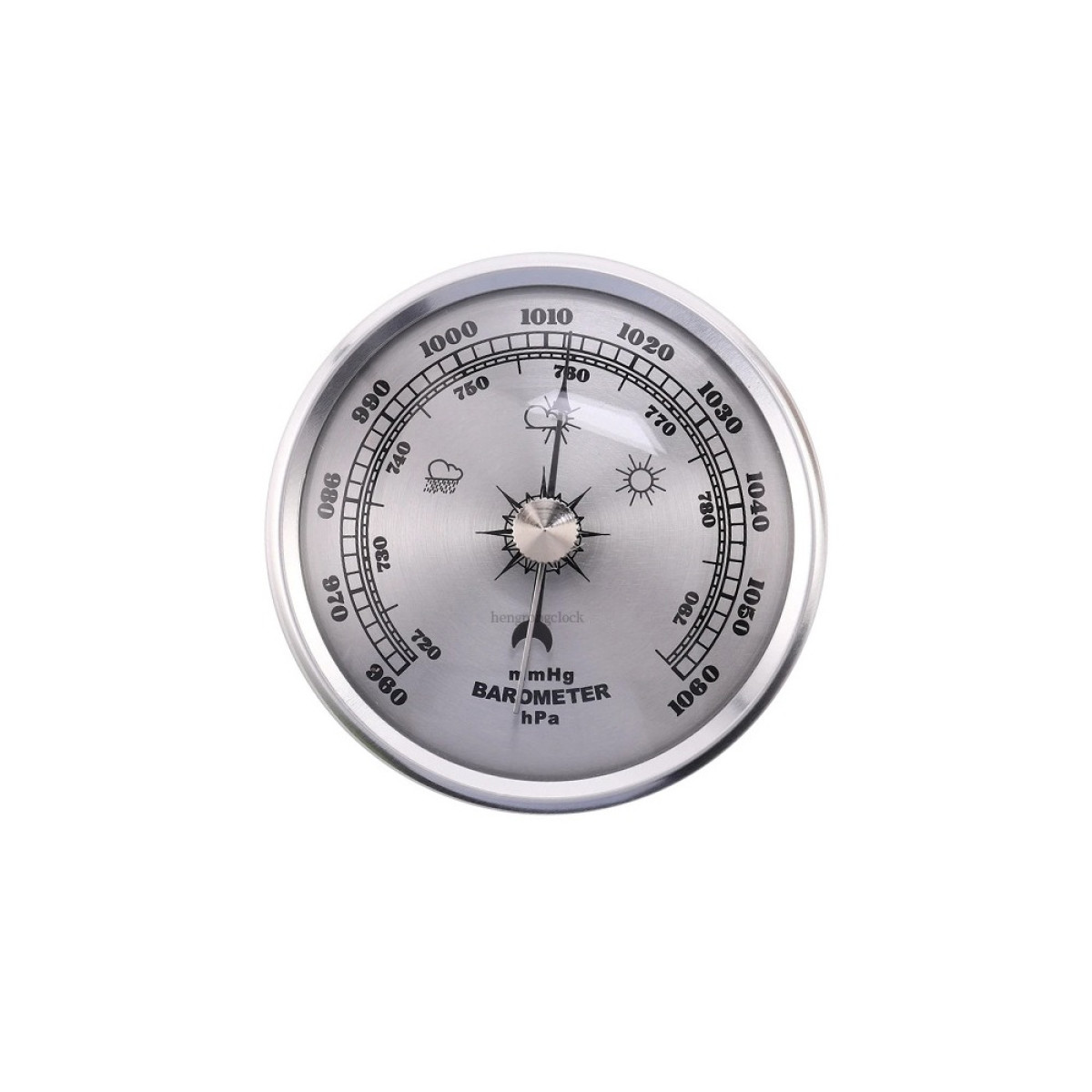 Silbernes Barometer mit Zifferblatt, Messskala und Zeigern auf weißem Hintergrund.