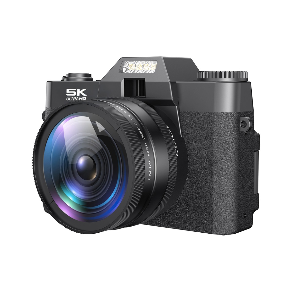 Eine moderne schwarze Digitalkamera mit großer reflektierender Linse und 5K Ultra HD Aufschrift.
