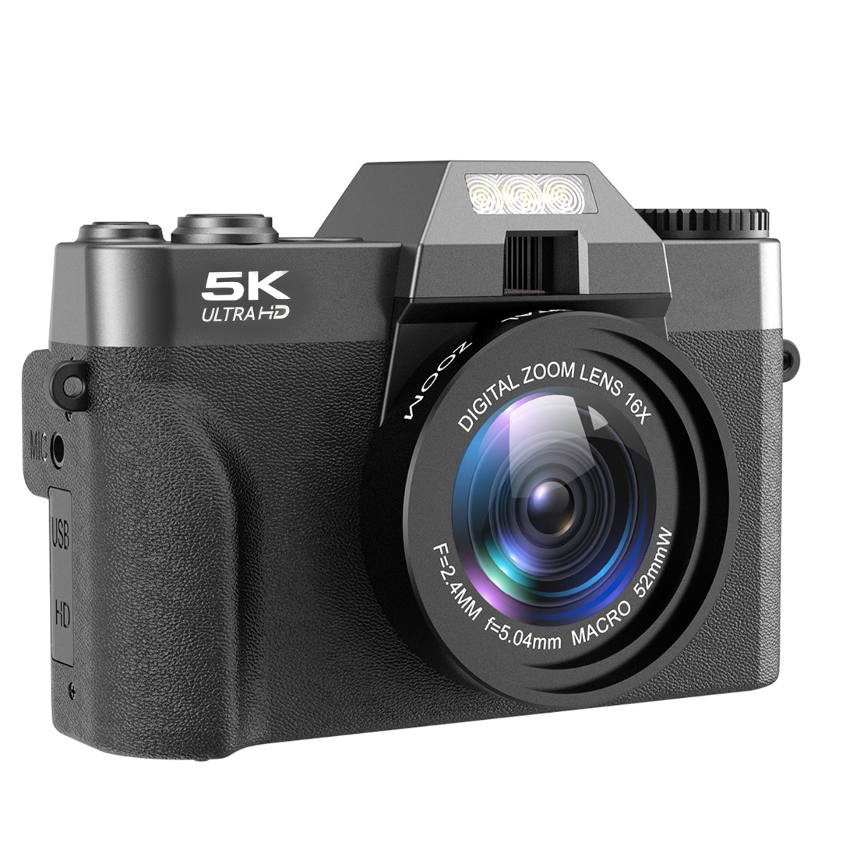 Eine schwarze 5K Ultra HD Digitalkamera mit großem Zoomobjektiv und integriertem Blitz auf weißem Hintergrund.