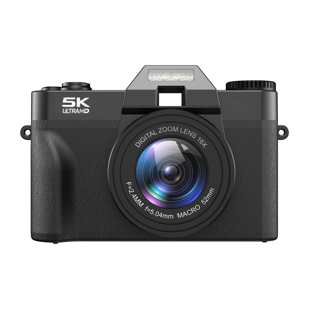 Eine schwarze 5K-Digitalkamera mit großem Zoomobjektiv und eingebautem Blitz auf weißem Hintergrund.
