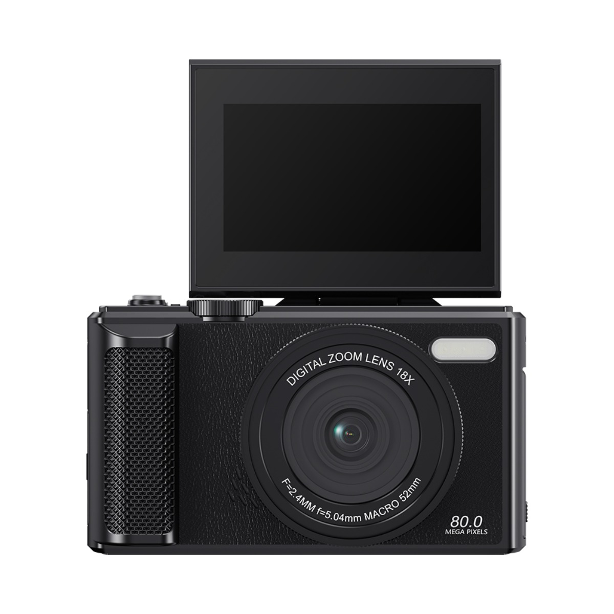 Schwarze Digitalkamera mit 18X Zoom, Makroobjektiv und aufgeklapptem Display.