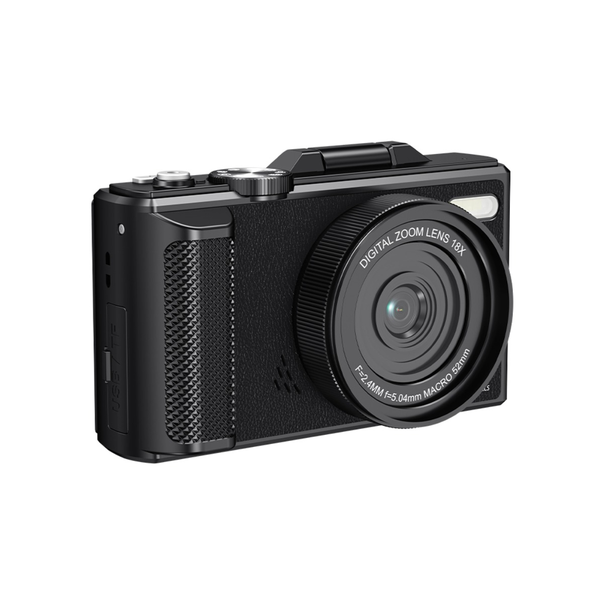 Eine schwarze Digitalkamera mit großem Zoomobjektiv auf weißem Hintergrund.