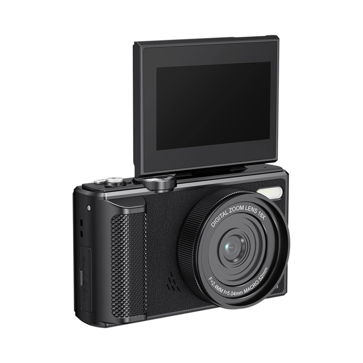 Eine schwarze Digitalkamera mit einem Klappbildschirm und einem prominenten Zoomobjektiv an der Vorderseite.