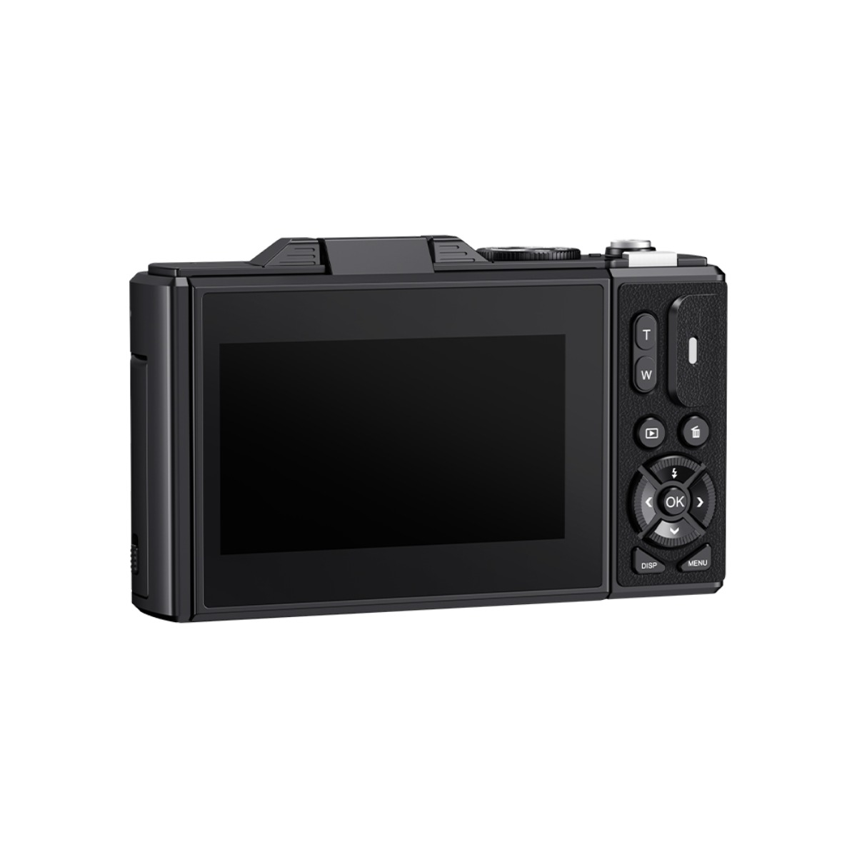 Rückansicht einer schwarzen Digitalkamera mit LCD-Bildschirm und Bedienknöpfen auf weißem Hintergrund.