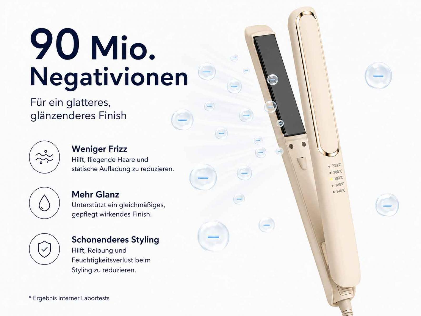 Goldfarbenes Glätteisen mit negativen Ionen für glattes, glänzendes Haar und weniger Frizz.
