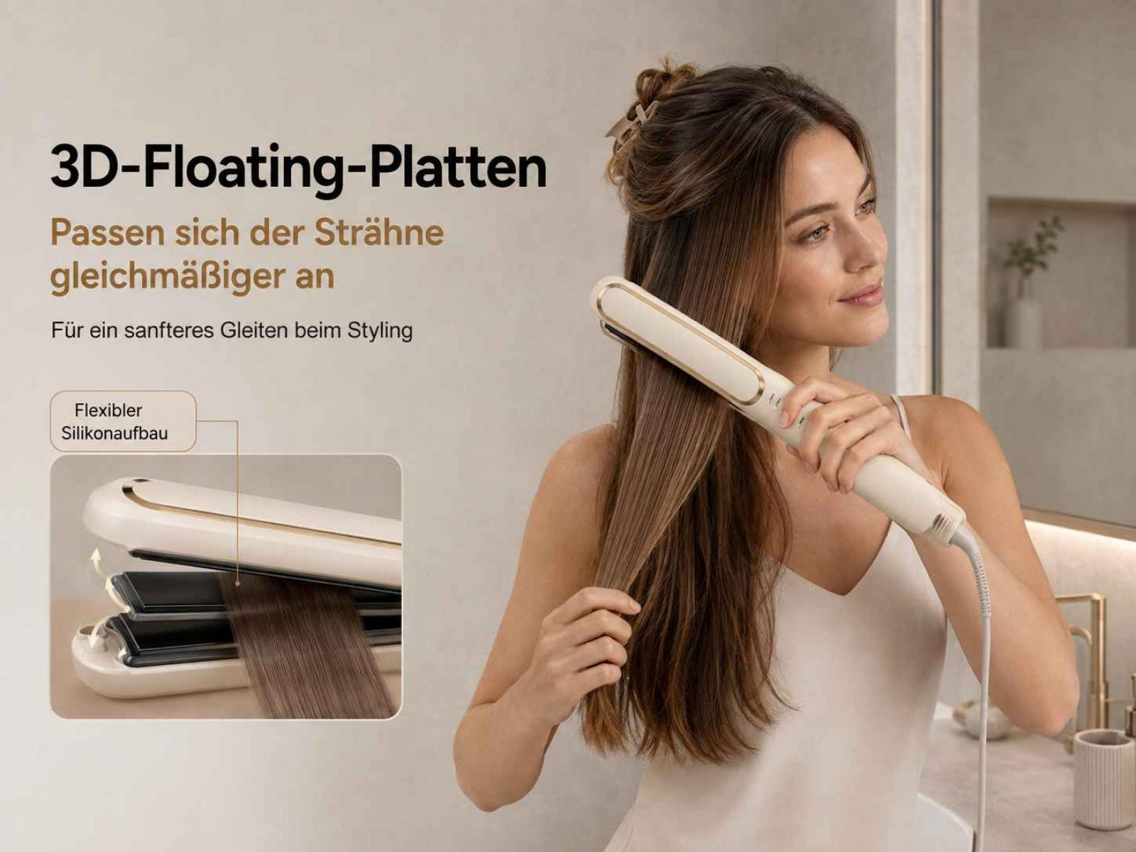 Eine Frau stylt ihr Haar mit einem weißen Haarglätter, der flexible Platten für sanftes Gleiten hat.