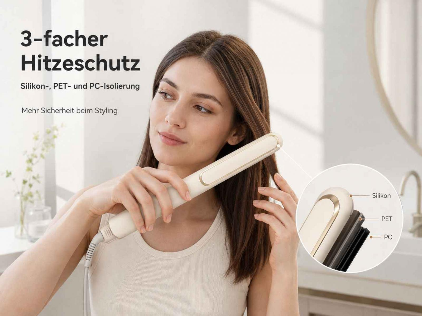 Eine Frauスタイlingt ihr Haar mit einem weißen Haarglätter mit Hitzeschutz.