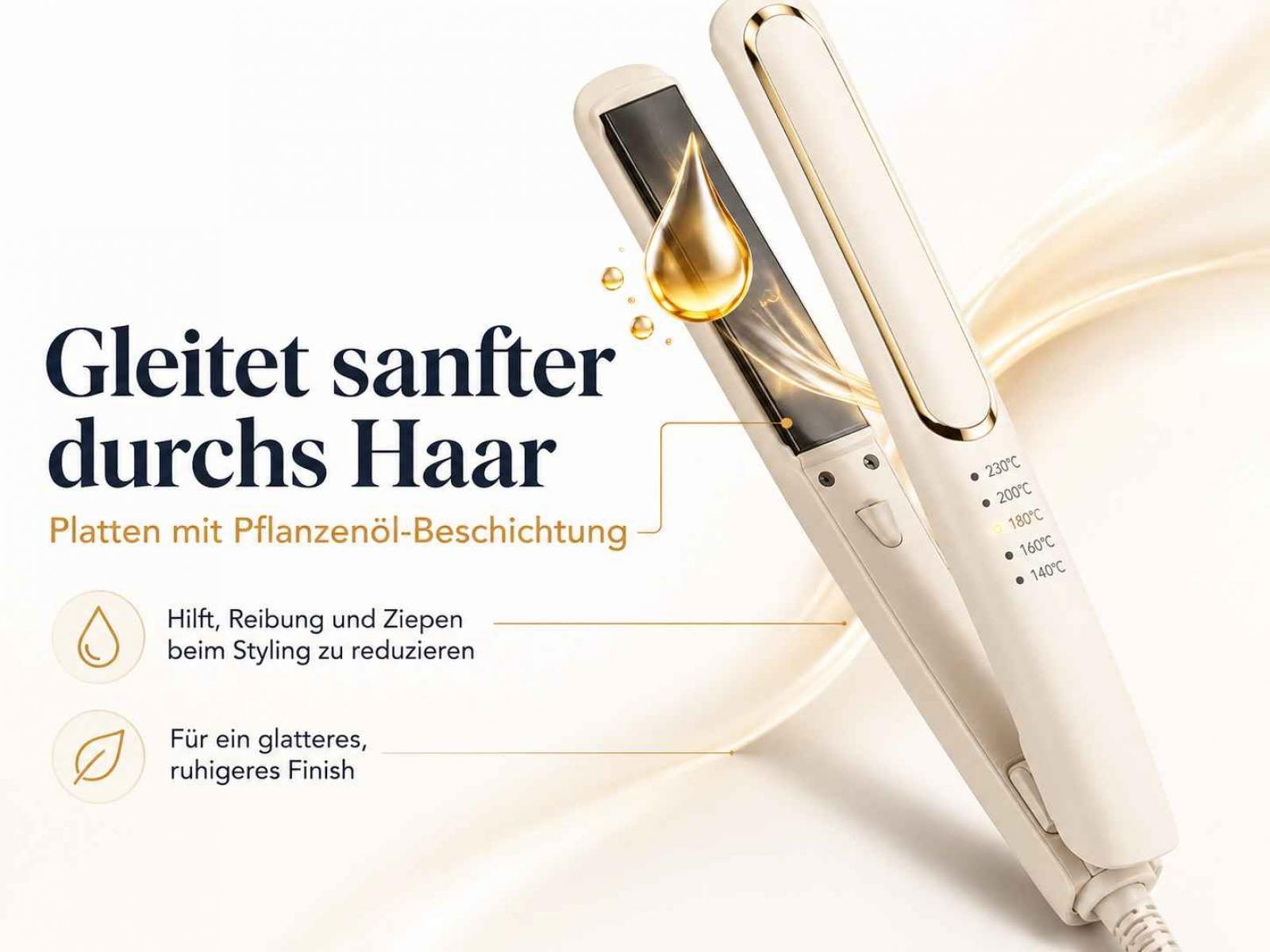 Ein weißer Haarglätter mit Öl-Beschichtung und Temperaturanzeige zeigt eine goldene Öltropfen-Infusion.