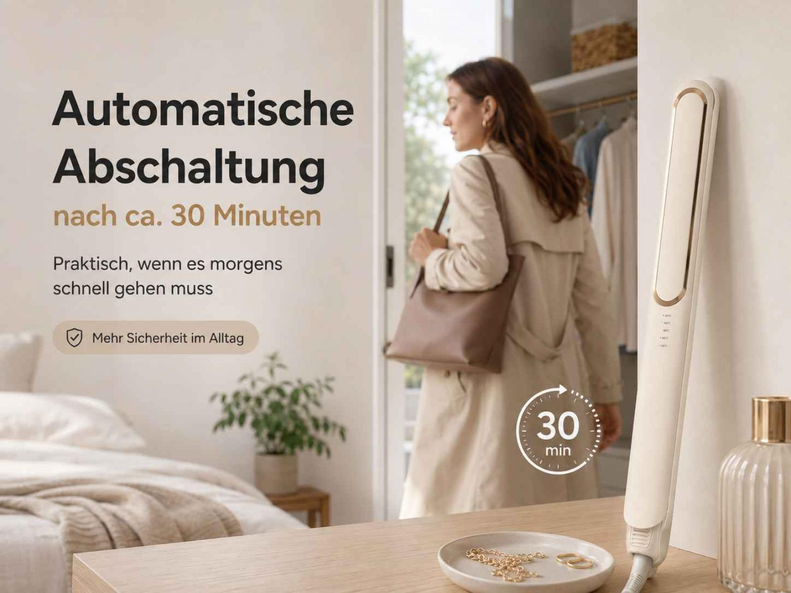 Ein weißer Haarglätter auf einem Tisch mit Schmuck, im Hintergrund eine Frau im Zimmer.