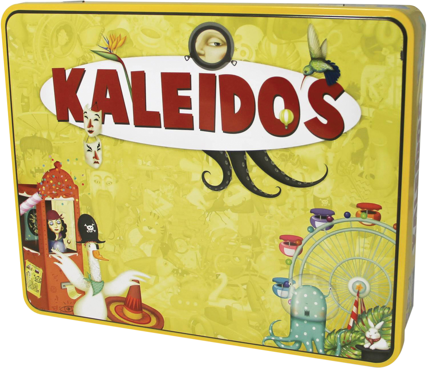 Gelbe Schachtel für das Kaleidos Brettspiel mit skurrilen Illustrationen wie einer Ente mit Piratenhut und einem Riesenrad.