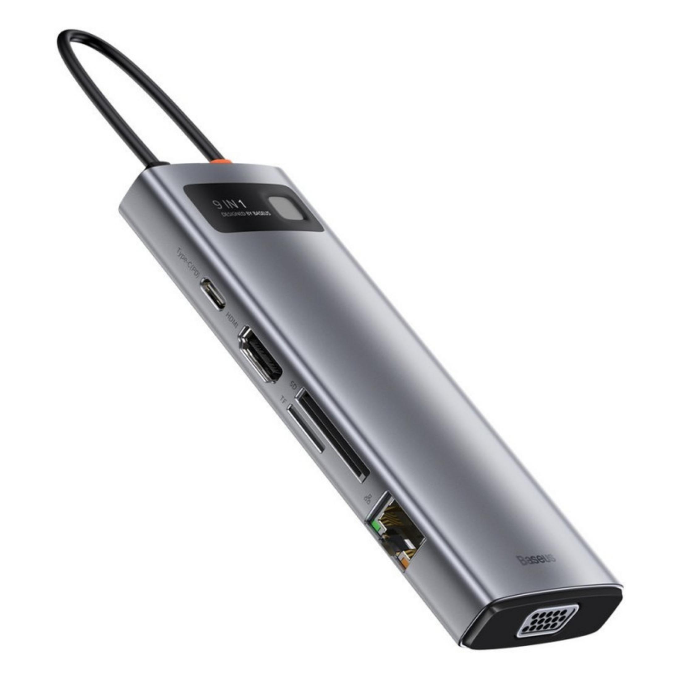 Un hub USB-C grigio 9 in 1 dotato di porte multiple e cavo integrato.