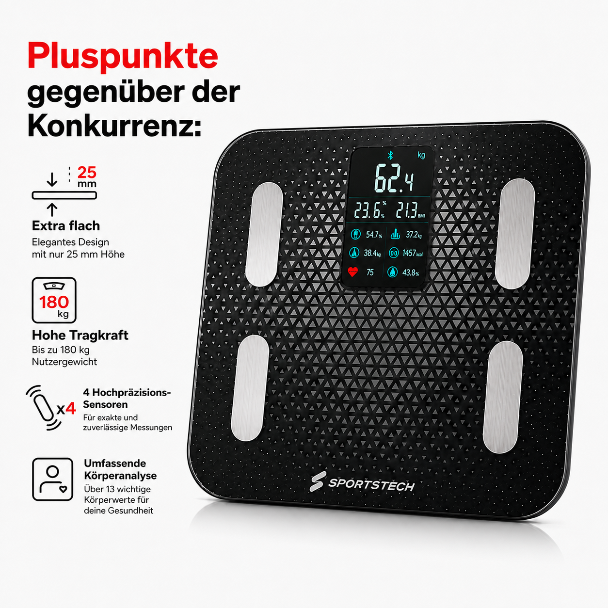 Schwarze Sportstech Körperanalysewaage mit LED-Display, vier Elektroden und Germanischen Infotexten.