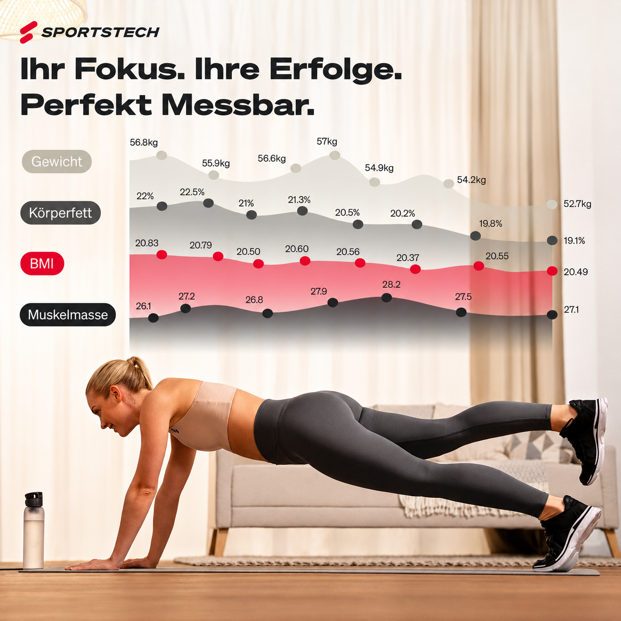 Frau macht Plank auf einer Matte vor einer Wand mit Fitnessdaten-Grafiken.