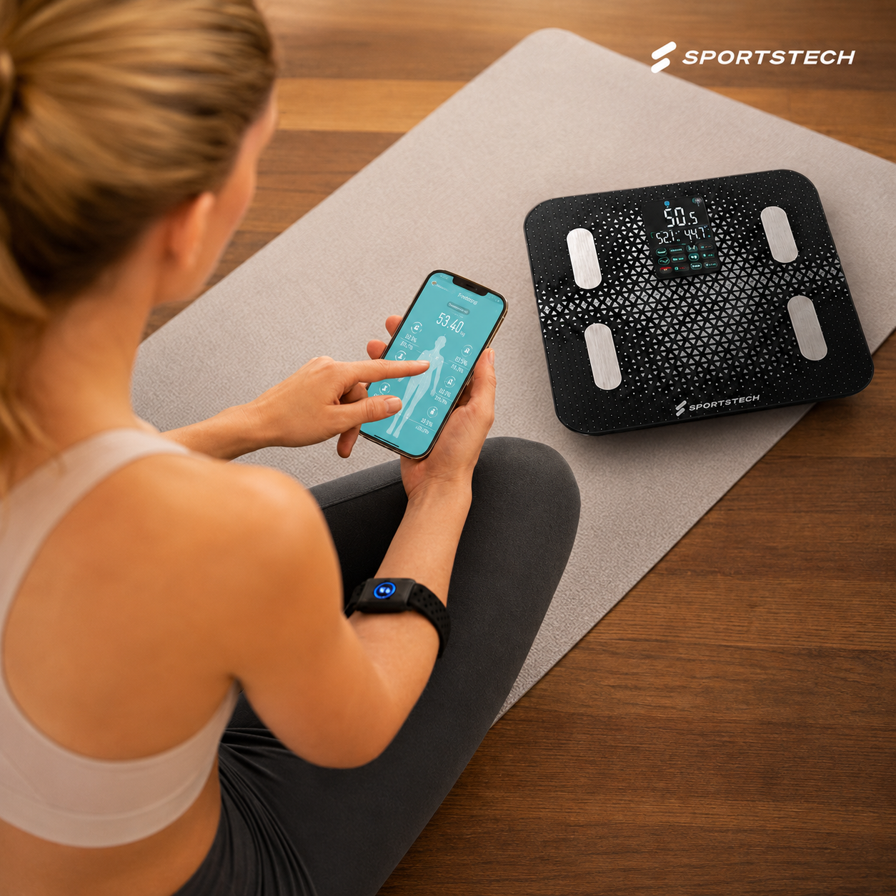 Eine Frau auf einer Yogamatte nutzt ihr Smartphone, während eine digitale Waage Körperdaten anzeigt.