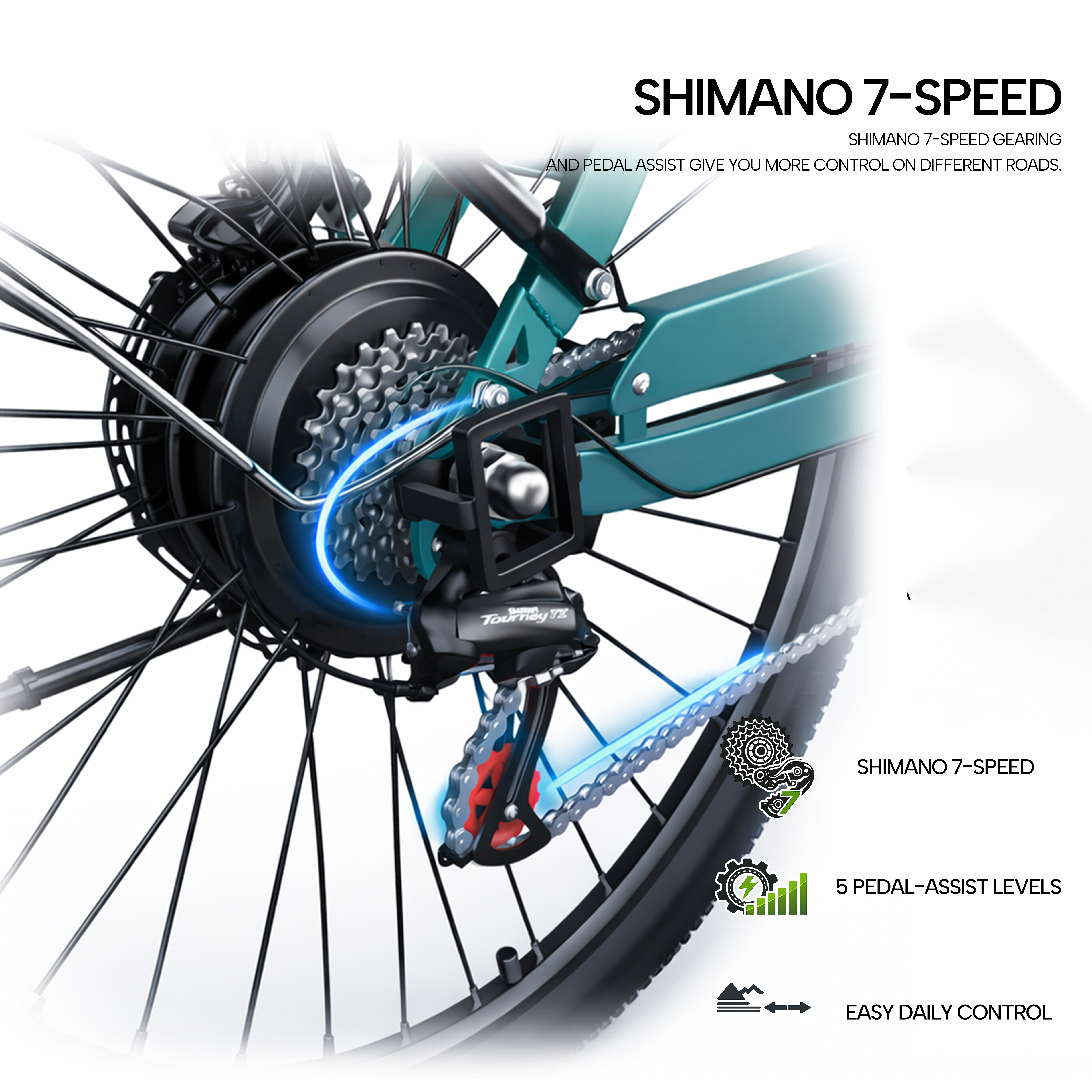 Nahaufnahme der Shimano 7-Gang-Schaltung eines grünen Fahrrads mit elektrischem Radnabenmotor.