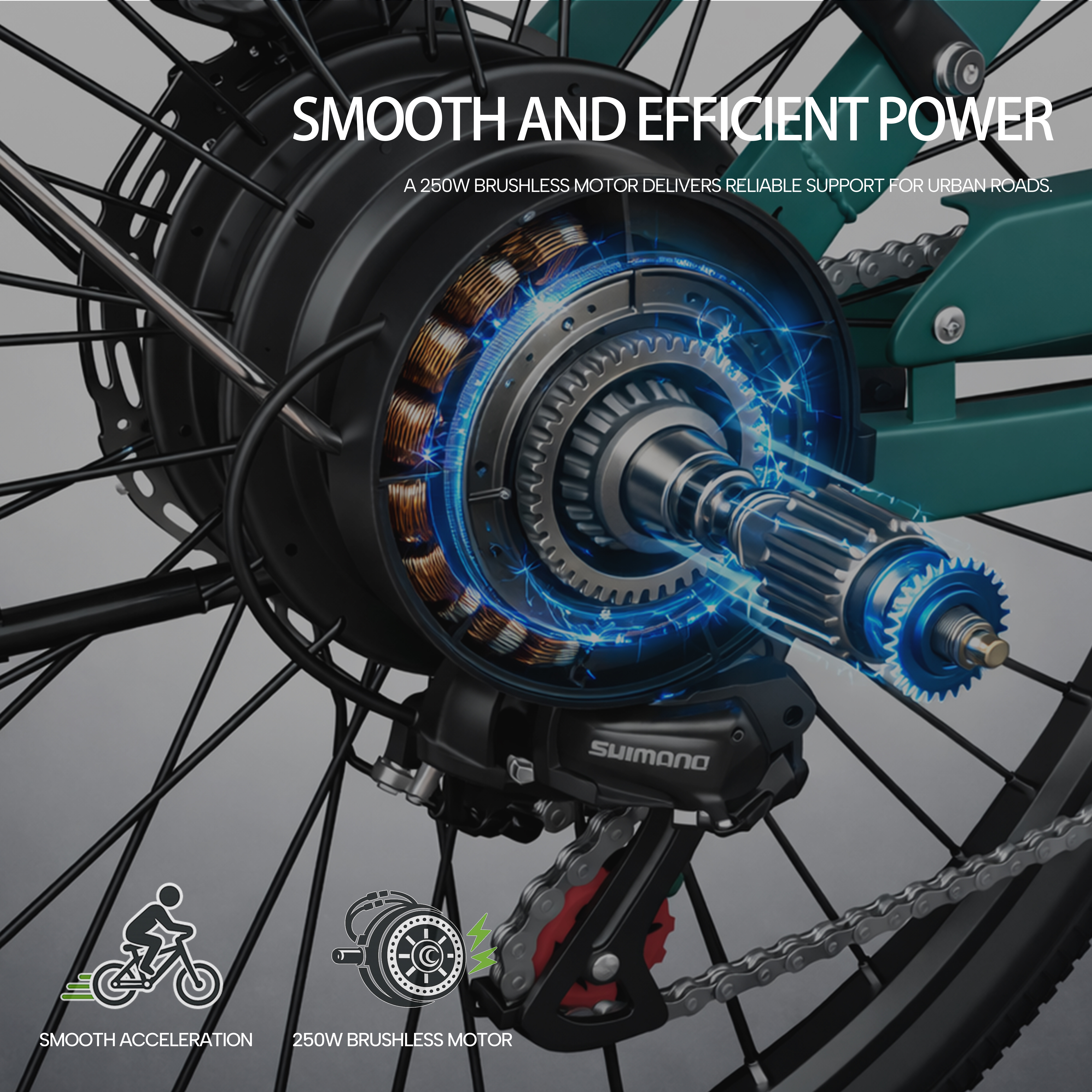 Diagramm eines 250W E-Bike-Nabenmotors mit Kupferwicklungen, blauen elektrischen Effekten und Shimano-Schaltung.