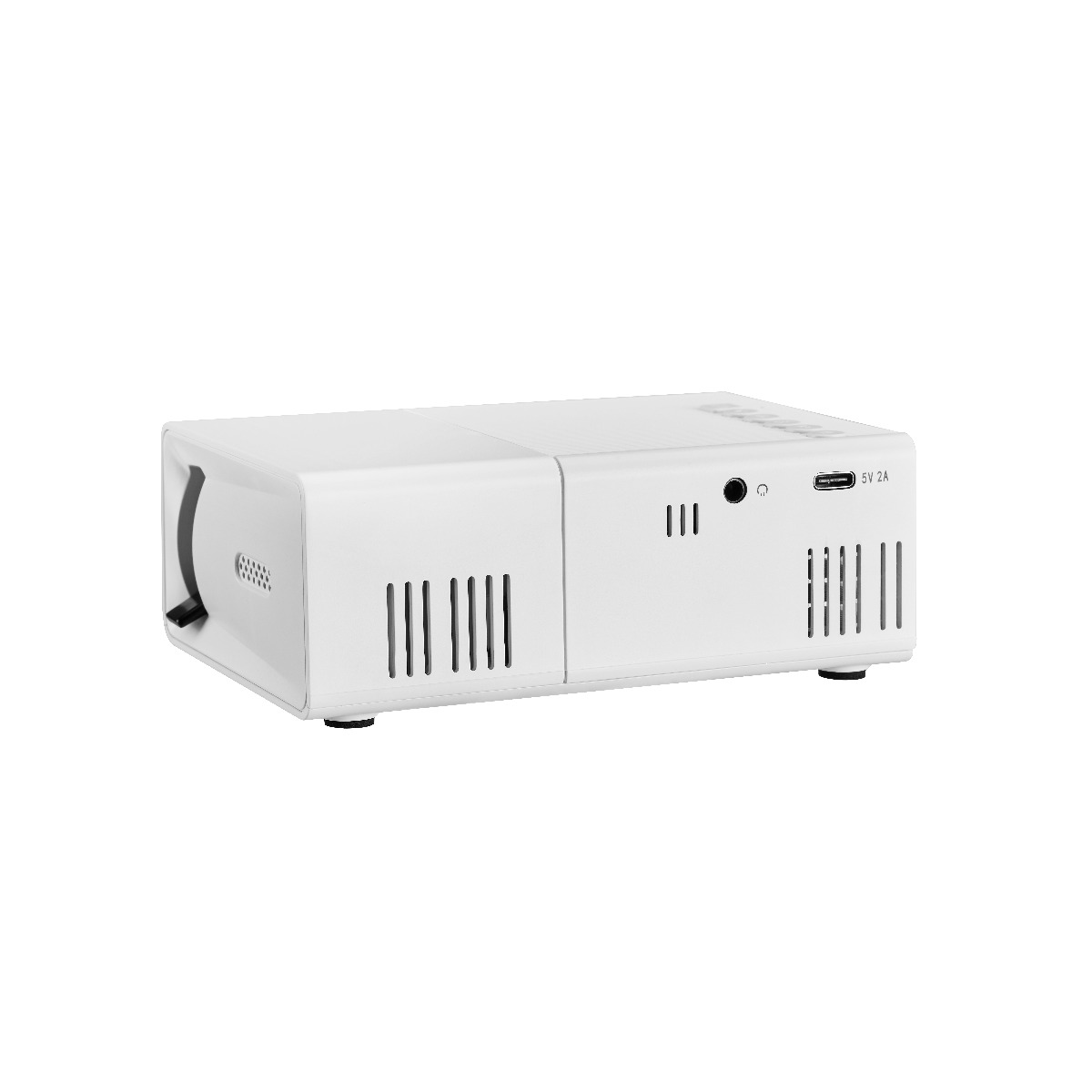 Ein weißer Mini-Projektor mit Kühlungsschlitzen, Audioanschluss und USB-C Port auf weißem Hintergrund.
