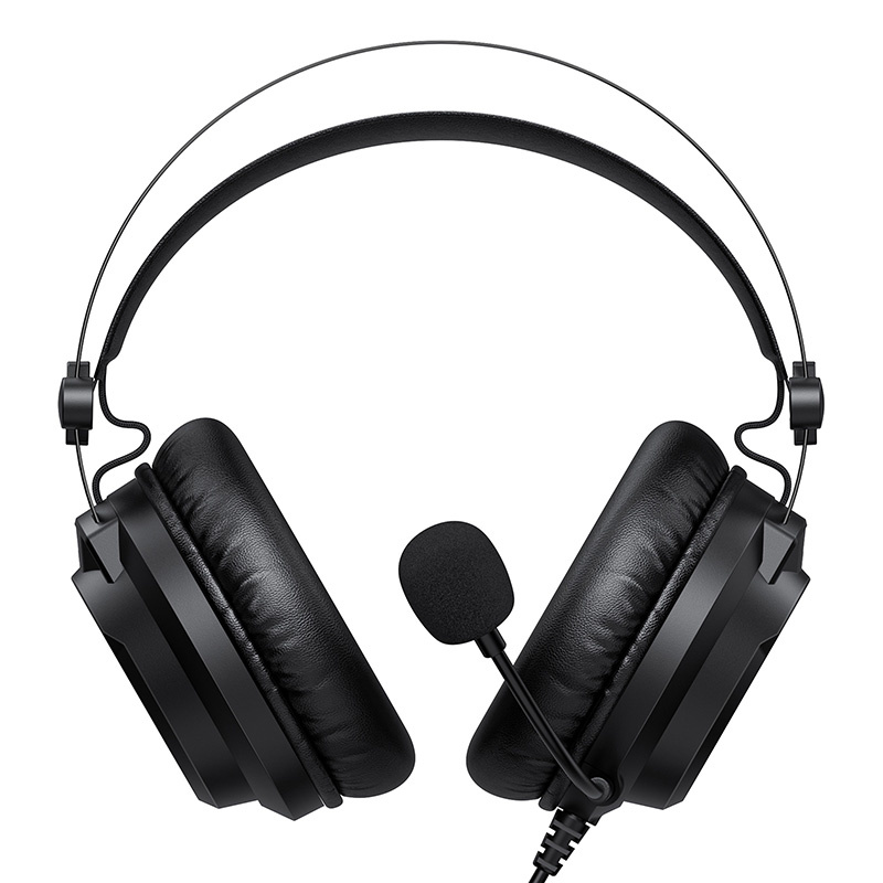 Cuffie da gioco nere con padiglioni auricolari imbottiti, archetto e microfono collegato su sfondo bianco.