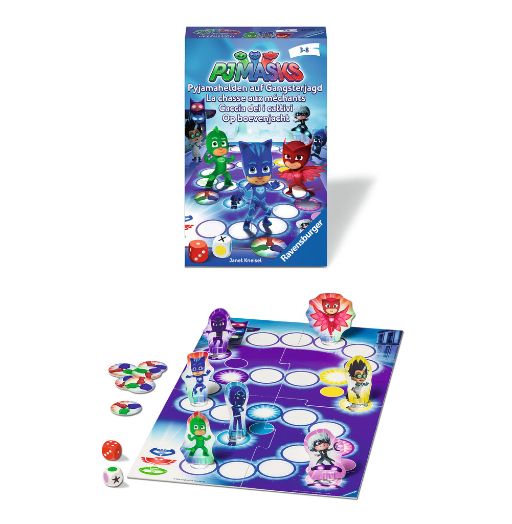 PJ Masks Brettspielschachtel und ausgebreitete Komponenten, darunter ein lila Spielbrett, Figuren und Würfel.