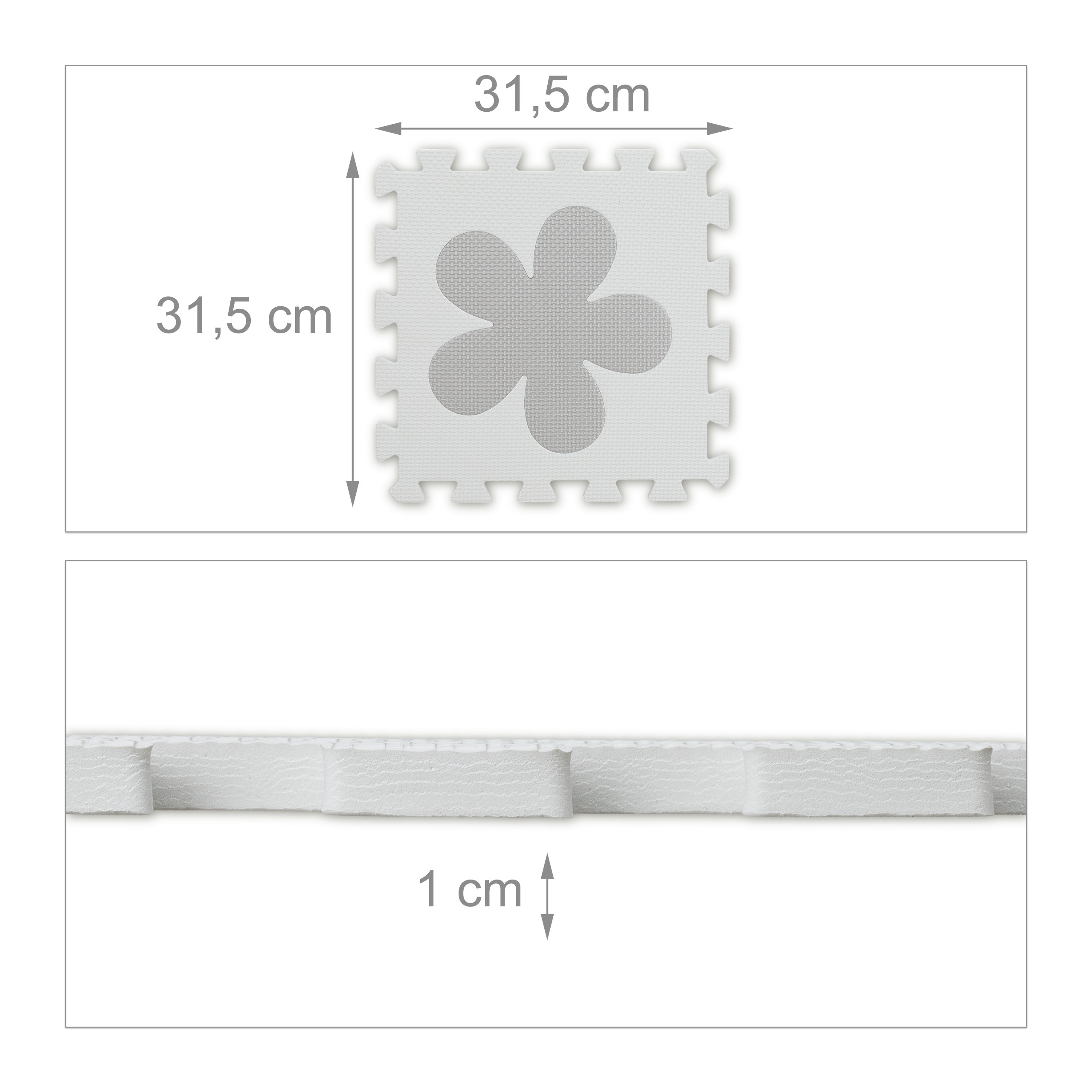 Eine quadratische Puzzle-Schaumstoffmatte mit Blumendesign, 31,5 x 31,5 cm groß und 1 cm dick.