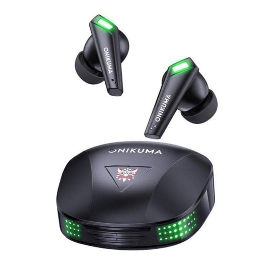 Auricolari wireless neri Onikuma con LED verdi, logo del marchio e custodia di ricarica su sfondo bianco.