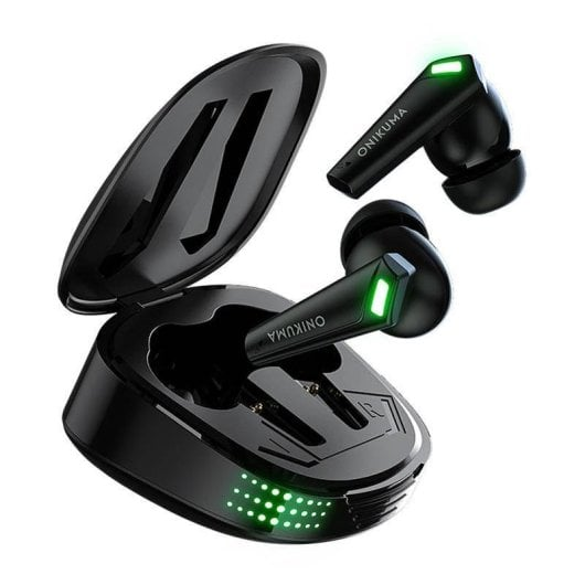 Auricolari wireless neri Onikuma con luci verdi, custodia di ricarica aperta e un auricolare fluttuante.