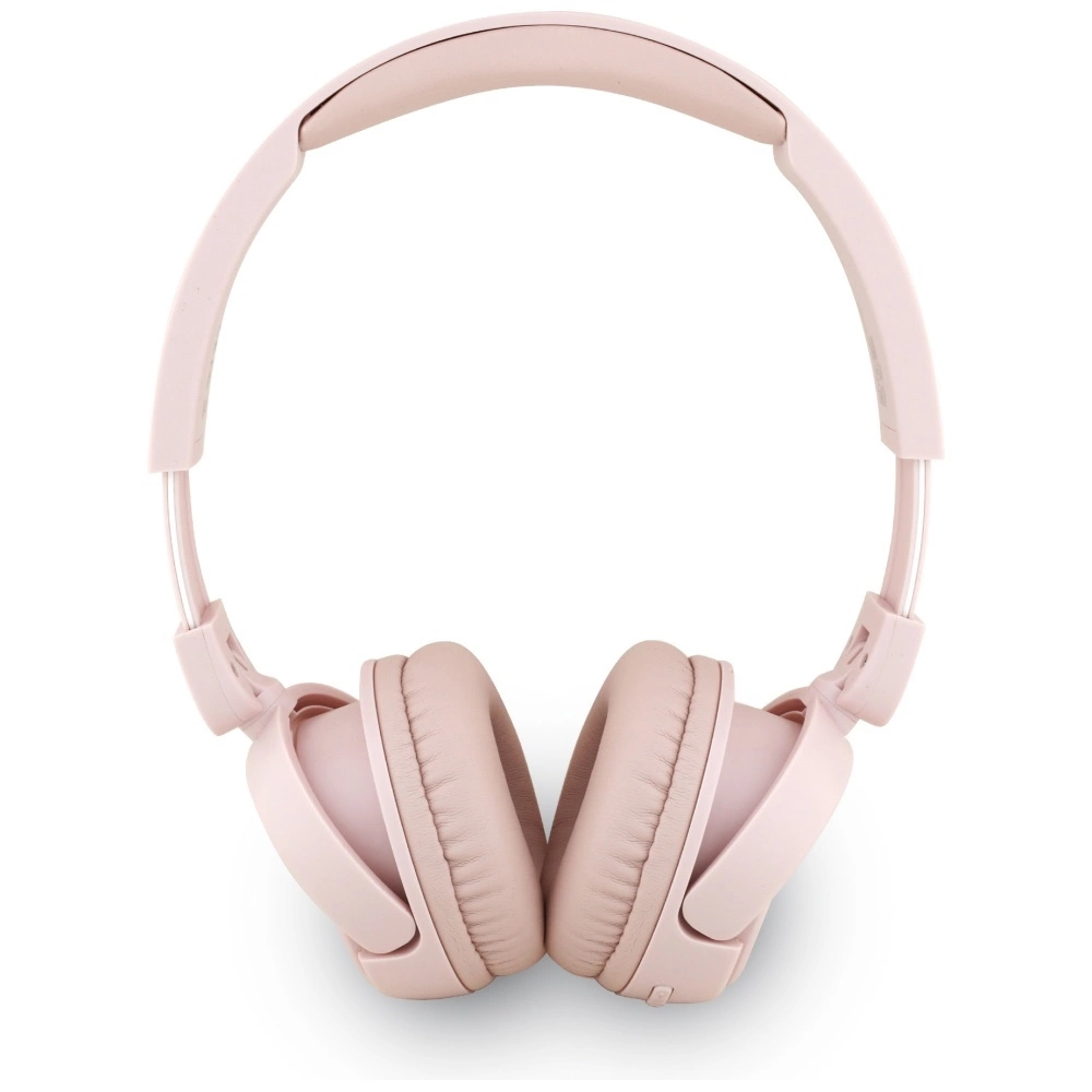 Un paio di cuffie supraurali rosa pastello su sfondo bianco, viste di fronte con i padiglioni auricolari inclinati verso l'interno.