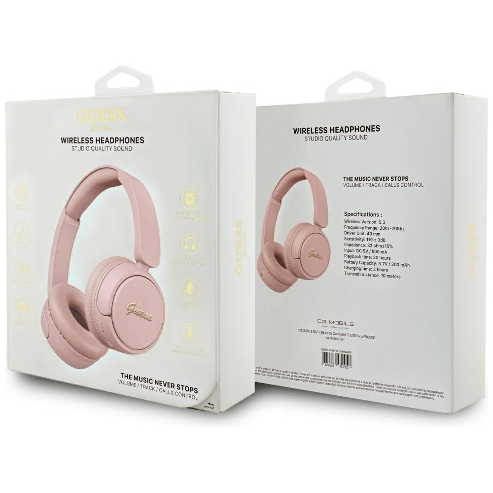 Due scatole di imballaggio bianche per cuffie wireless Guess rosa con dettagli tecnici.
