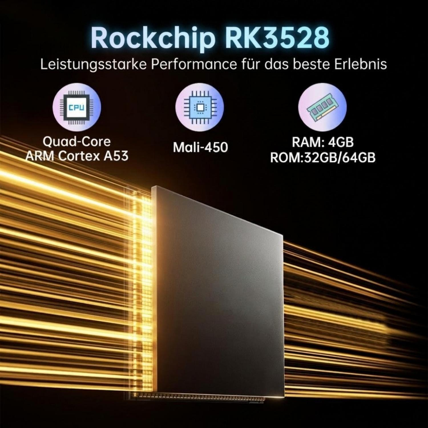 Technisches Diagramm zeigt Rockchip RK3528 Prozessor, Quad-Core CPU, Mali-450 GPU, und 4GB RAM.