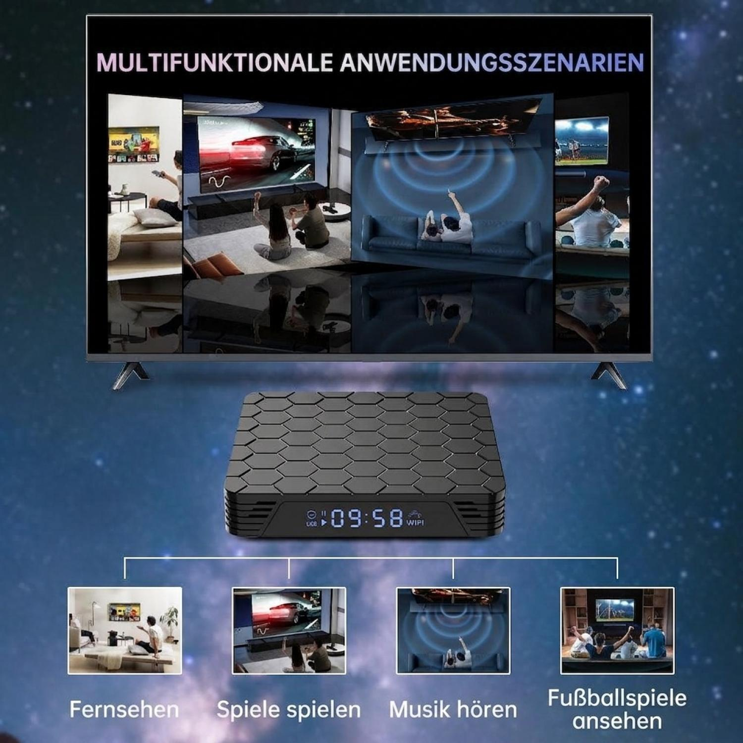 Eine schwarze TV-Box mit Wabenmuster und LED-Anzeige, verbunden mit vier verschiedenen Nutzungsszenarien.