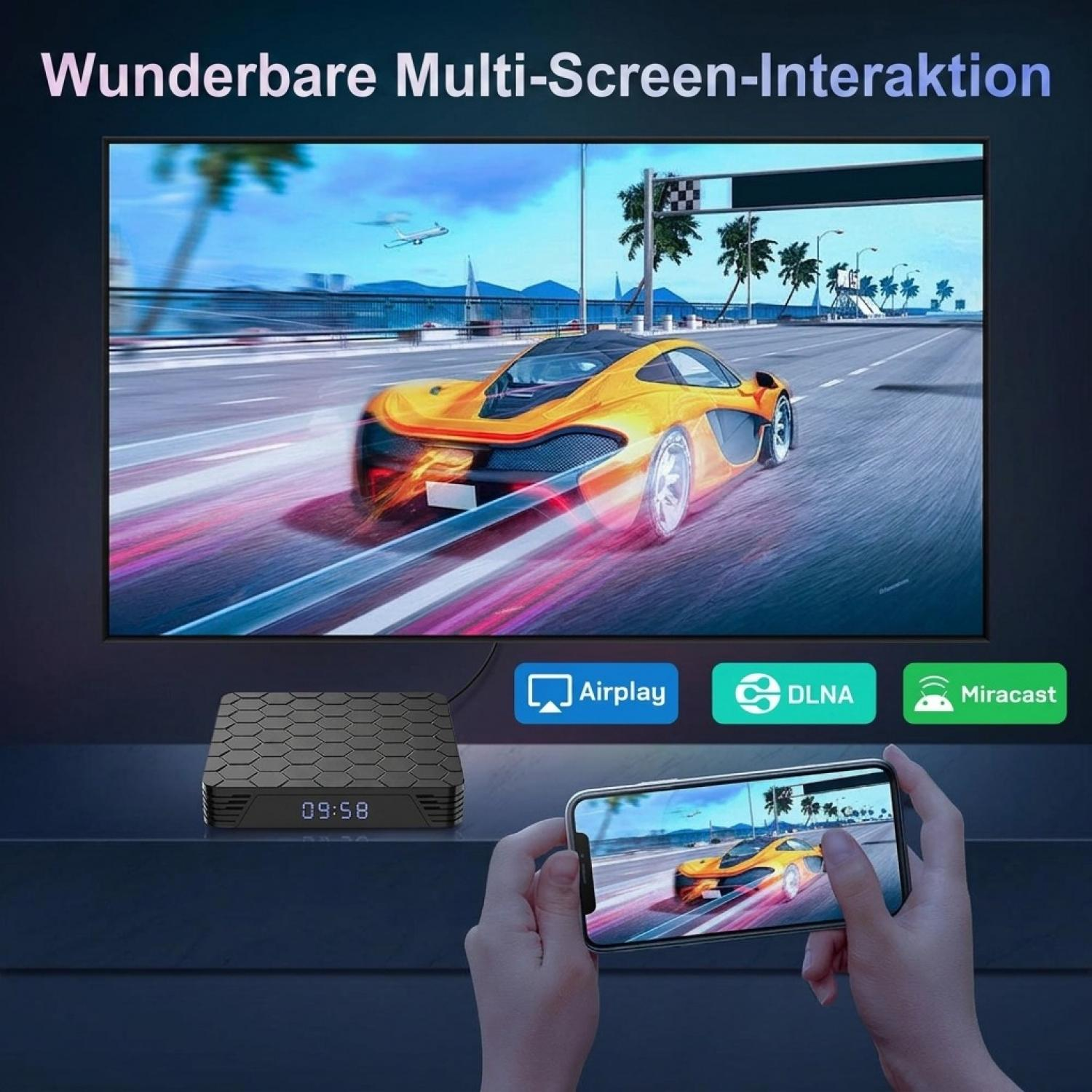 Smartphone-Bildschirm wird drahtlos auf den Fernseher übertragen, gesteuert über eine TV-Box mit Airplay, DLNA und Miracast.