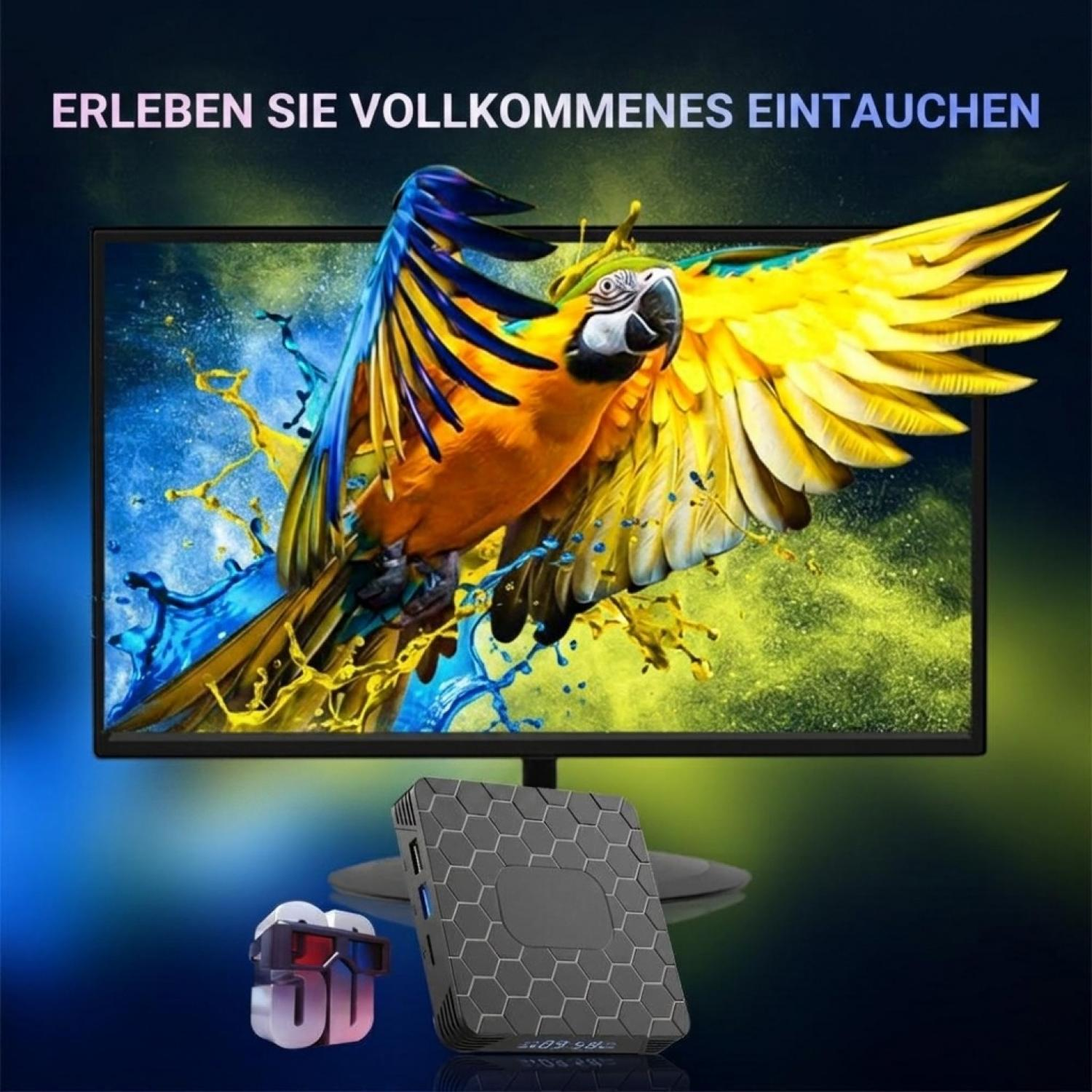 Ein gelb-blauer Papagei fliegt aus einem Monitor heraus, davor steht eine TV-Box.