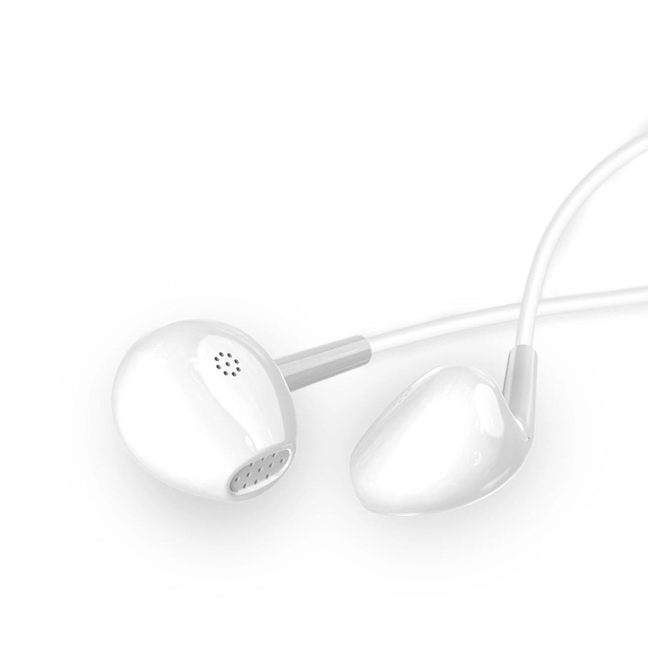 Auricolari con filo bianchi su sfondo bianco.